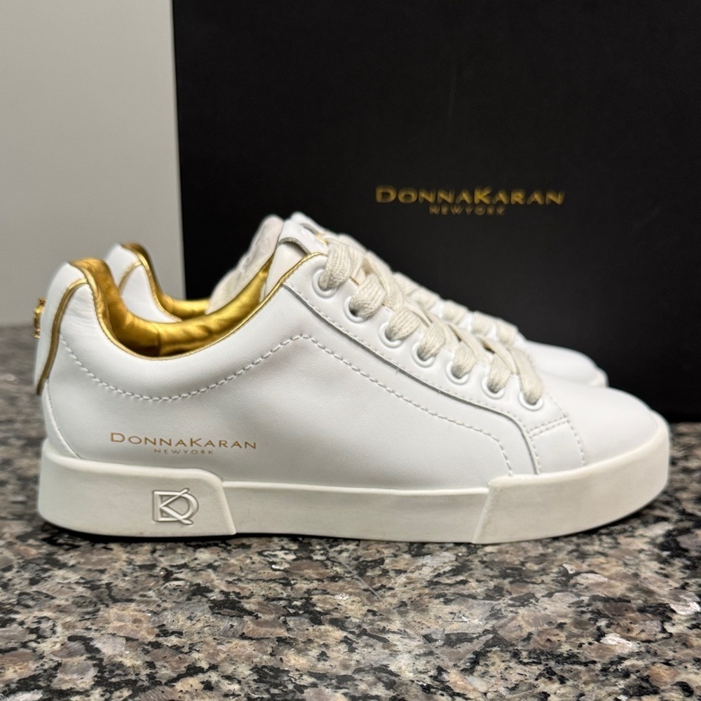 Donna Karan Donna - Lace Up White and Gold Sneakers NWT 5.5
